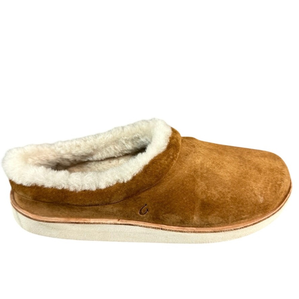 OluKai Kuuna Suede Shearling Slippers Golden Sand Tan Mules Women's 9